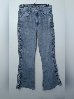 Social Touriste Women’s Light Wash Blue Flare Jeans with Side Braid Detail